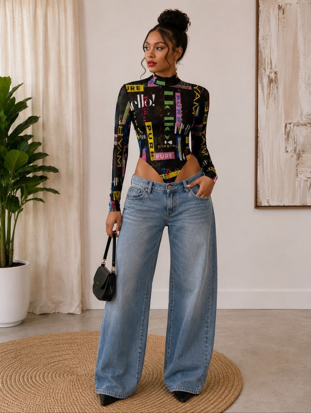 Graphic Mesh Mock Neck Bodysuit | Sheer Long Sleeve | Y2K Streetwear Top